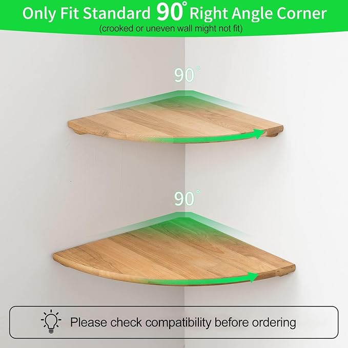 Corner Shelf, Solid Oak Wood Floating Corner Shelves Wall Mount Round End with Wire Hole for Small Plant Photo Frame for Bedroom Kitchen, Living Room
