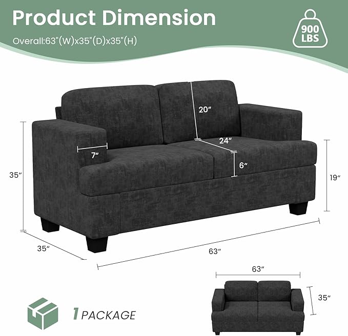 Sofa, 63” Comfy Loveseat Sofa with Deep Seats, Couch for Living Room, Modern Sleeper Couch, Dark Grey Chenille