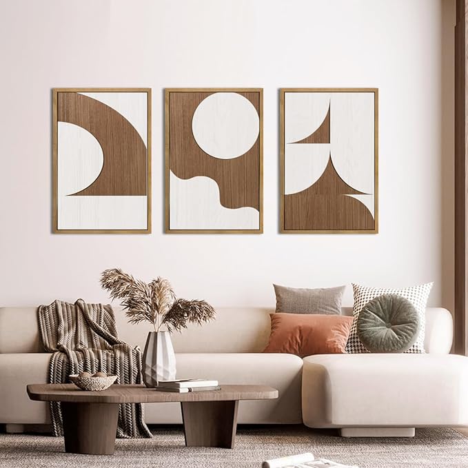 Large Abstract Brown and Beige Wall Art Set Modern Geometric Wood Grain Wall Decor Minimalist Neutral Mid Century Artwork Bohemian Art Decor for Living Room Bedroom Office-16x24Inch x3