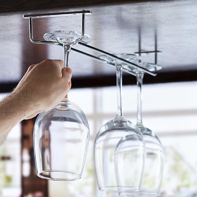Soro Essentials- 16" Glass Hanging Stemware Rack Chrome Plated Set of 2- Wine Glass Hangers Under Shelf Cabinet Wire Wine Holder Storage Hanger for Cabinet Kitchen Bar or Home