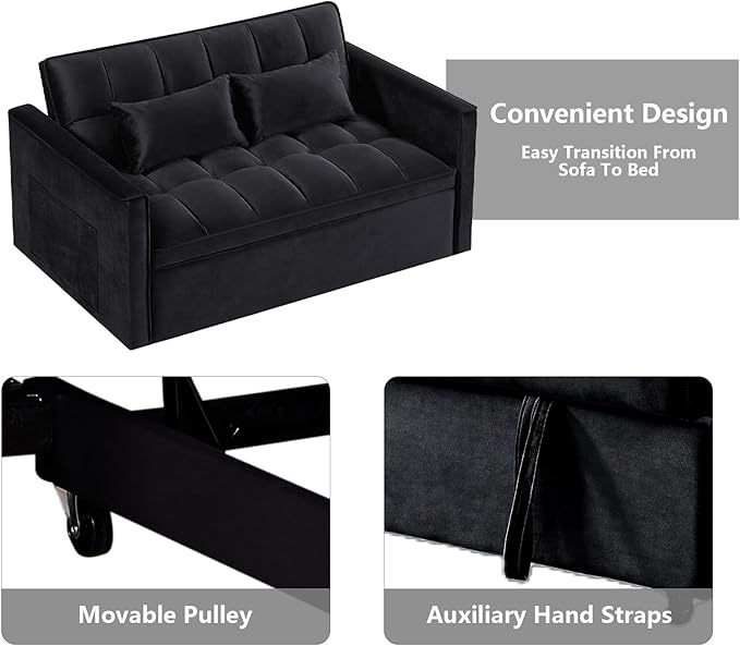 3 in 1 Convertible Sleeper Sofa Bed,Futon Loveseat Couch with Pull-Out Bed & Adjustable Backrest,Velvet Fabric Sofa with Side Pocket for Small Apartment, Living Room, Office (Black)