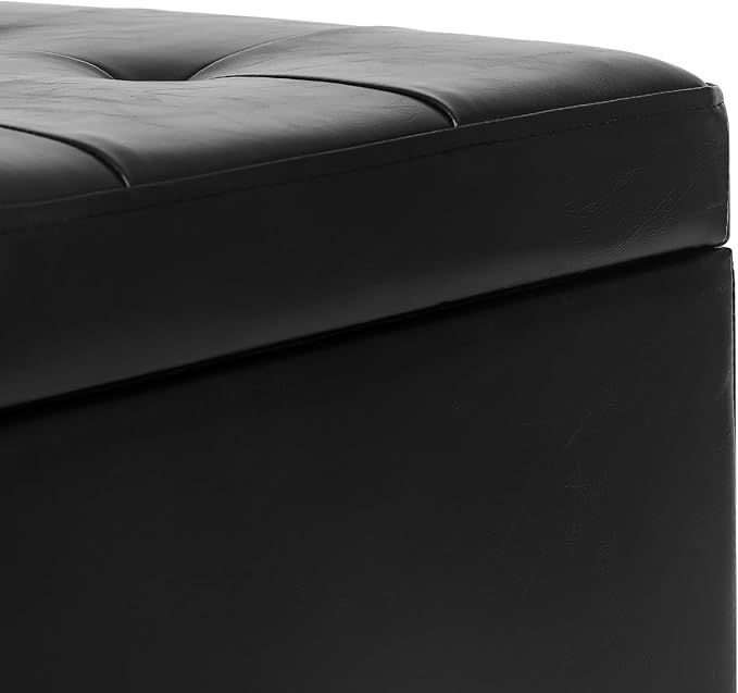 Adeco Faux Leather Storage Ottoman Bench with Solid Wood Legs, 17.7" Square Black PU Cube Foot Stool, Upholstered Button Tufted Vanity Chair with Hinged Lid for Living Room, Bedroom, Dorm