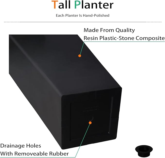 Tall Planters for Outdoor Plants, Large Resin Flower Pots for Garden, Front Porch, Patio, Indoor - Set of 2 (Black, 27.5 inch - 2 Pack)