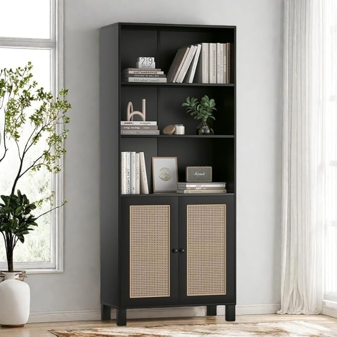 Tall Bookshelf, 5-Tier Book Shelf with 2 Rattan Doors, Freestanding Bookcase Display Shelves with Large Storage, Book Case for Living Room, Office, Study, Bedroom, 70.9 Inch