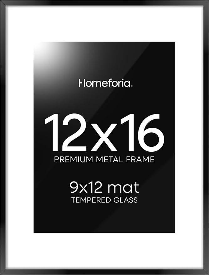 Homeforia 12x16 Picture Frame Black, High End Metal 12x16 Poster Frames with Mat 9x12 for Photo, 12 x 16 Black Frame Matted to 9 by 12 inch Print, 16x12 Thin Frames, Tempered Glass, Wall Kit, Set of 1