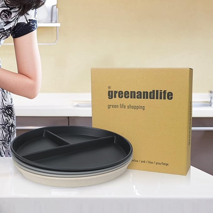 greenandlife 9 Inch (4PCS) Unbreakable Divided Plates for Kids Adults, Dishwasher & Microwave Safe Compartment Plate, Lightweight Reusable Plastic Portion Control Plates, BPA Free and Healthy