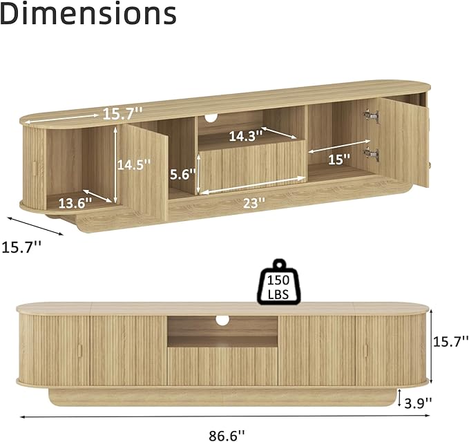 Coffee Table and TV Stand Set of 2, Round Center Table with Storage,Fluted Coffee Table with 360° Sliding Doors, 86.6" Entertainment Center for Bedroom, Living Room,Natural