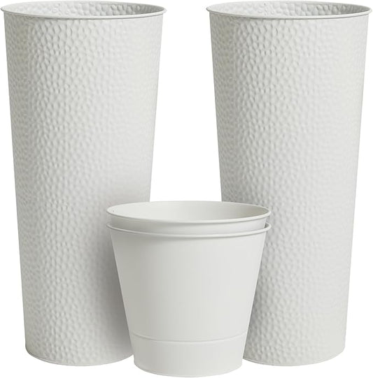 Worth Garden 2-Pack 28" H. Metal Planter with 2X Inside Pots - Hand-Hammered Texture Tall Cone Plant Pots - Large Handcrafted Flower Pot for Indoor Outdoor, Deck, Patio, Front Porch - White