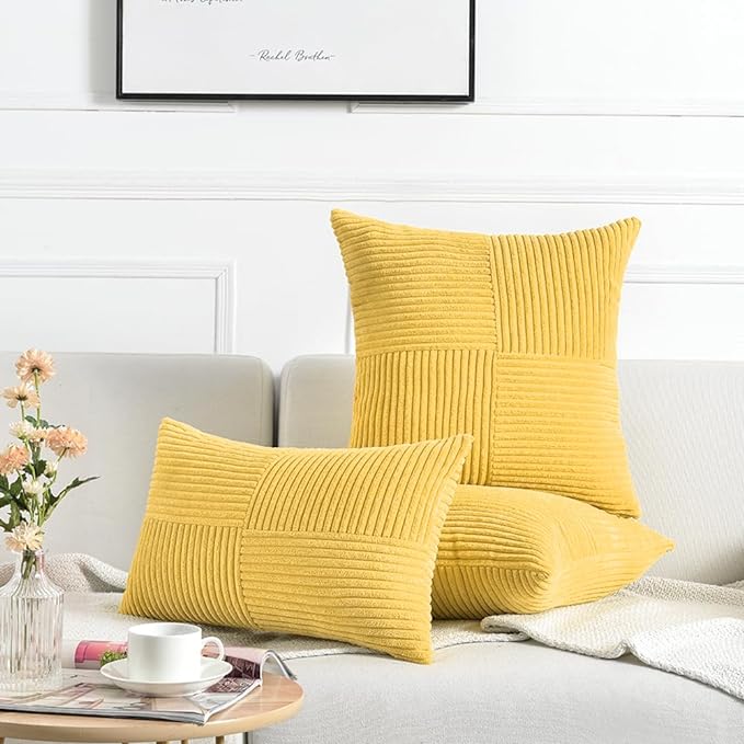 Fancy Homi 2 Packs Yellow Big Decorative Throw Pillow Covers 24x24 Inch for Couch Bed Sofa, Rustic Farmhouse Boho Home Decor, Soft Corss Corduroy Patchwork Accent Square Cushion Case 60x60 cm