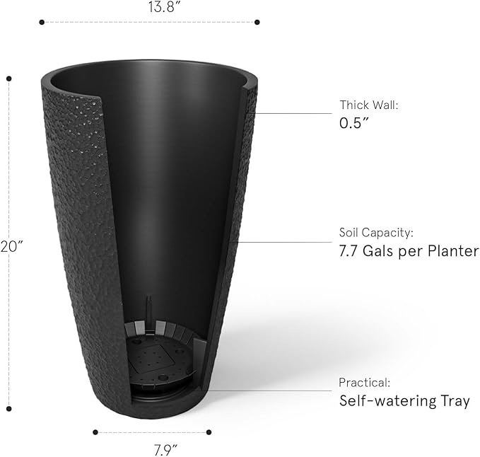 LA JOLIE MUSE 20inch Tall Black Planters Set of 2,Large Planters for Outdoor Plants,Flower Containers for Front Porch, Honeycomb