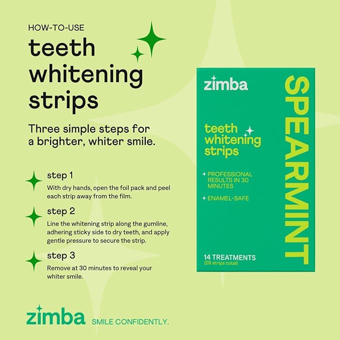 Zimba Spearmint Flavored Teeth Whitening Strips | Vegan, Enamel Safe Hydrogen Peroxide Teeth Whitener for Coffee, Wine, Tobacco, and Other Stains | 14 Day Treatment | Spearmint