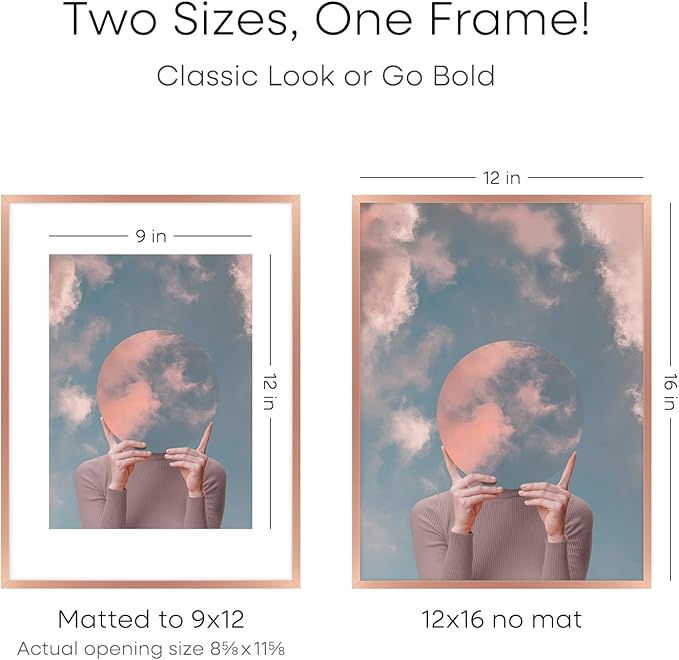 Homeforia 12x16 Rose Gold Picture Frame, High End Metal 12x16 Poster Frames with Mat 9x12 Photo, 12 x 16 Rose Gold Frames Matted to 9 by 12 Print, 16x12 Thin Frames, Tempered Glass, Wall Kit, Set of 1