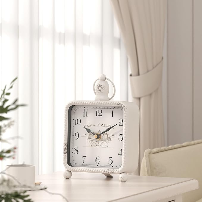 Vintage White Table Clock on Stand, Desk and Shelf Decor Clock, French Rustic Style Non-Ticking Mantel Clocks for Farmhouse, Living Room, Bedroom, Bedside, Gift (8.5" H x 5.5" W)