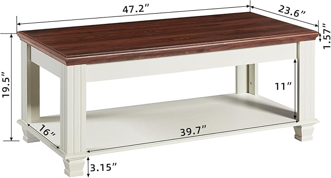 Farmhouse Coffee Tables for Living Room,Square Tea Table with Open Storage Shelf,Large Coffee Table,Rustic Wooden Center Table,White