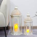 JHY DESIGN Set of 2 Decorative Candle Lanterns 22"&17" H Outdoor Vintage Metal Candle Holder for Garden Living Room Indoor Parties Weddings Patio Home Decor(White with Gold Brush)