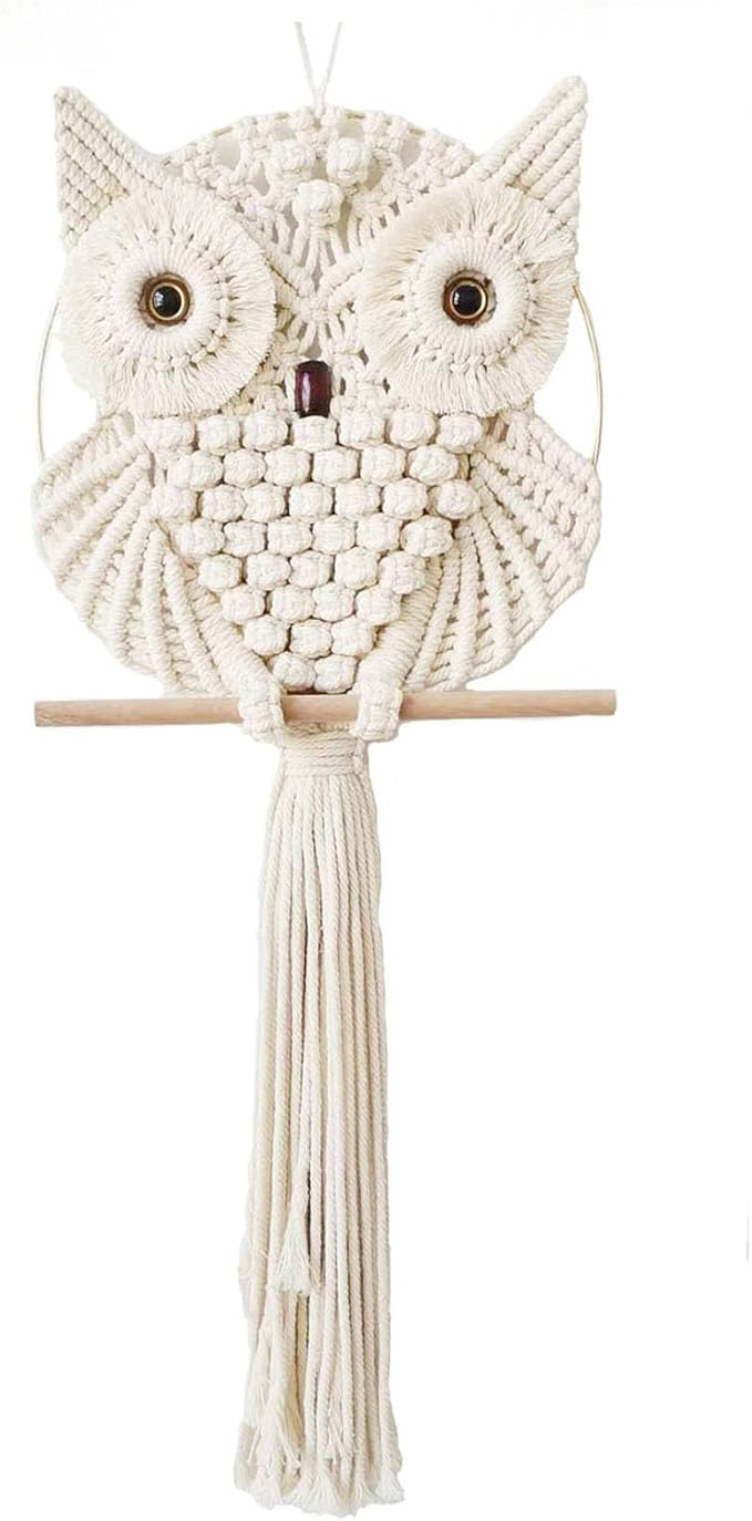 Achart Owl Macrame Wall Hanging-Hand Woven Boho Tapestry-Macrame Wall Decor -Owl Decor for Bedroom, Living Room, Nursery (Beige-Small)