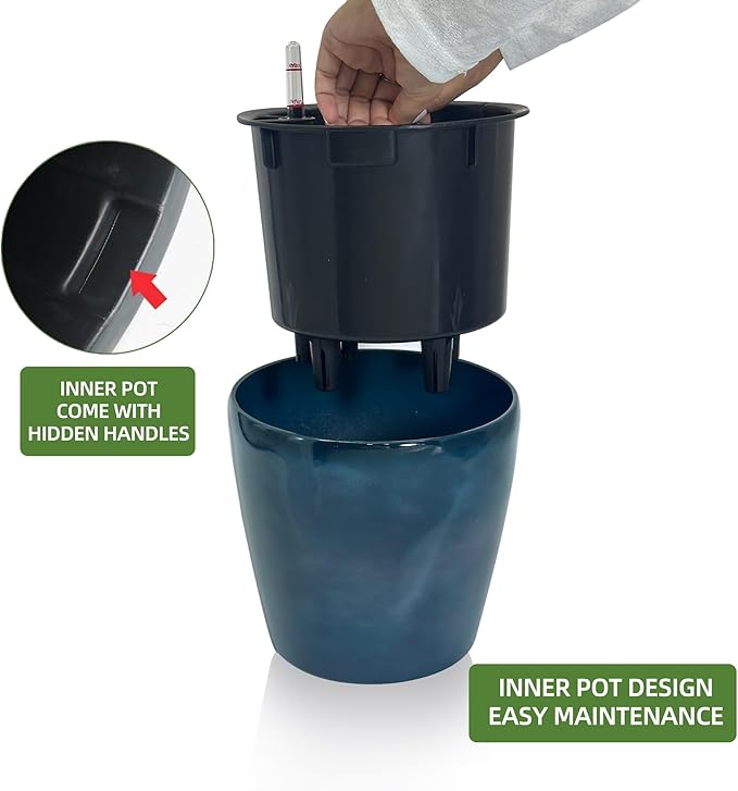 Dexceder 11x10 Inches Self Watering Planter Indoor Outdoor, Inner Pot Design, Thickened Table Flower Plant Pot with Water Level Indicator (Grayish Green Gradient)