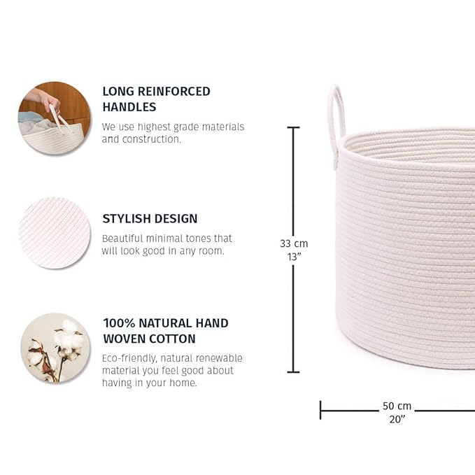 OrganiHaus Large Laundry Basket, Woven Cotton Rope Basket for Blankets, Toy Storage, Nursery Hamper, Living Room Decor Organizer, Soft & Durable Hamper with Handles, 20x13 inches - Off-White