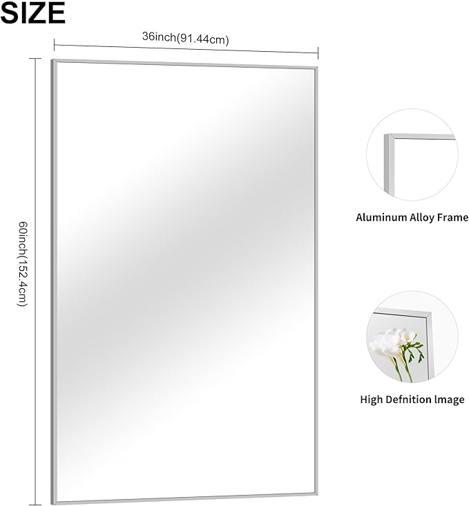 36x60inch Brushed Nickel Bathroom Mirror, Silver Rectangle Mirror with Frame, Large Rectangular Wall Mirrors for Bathroom, Living Roomm, Hair Salon, Big Mirror Hang Horizontal/Vertical