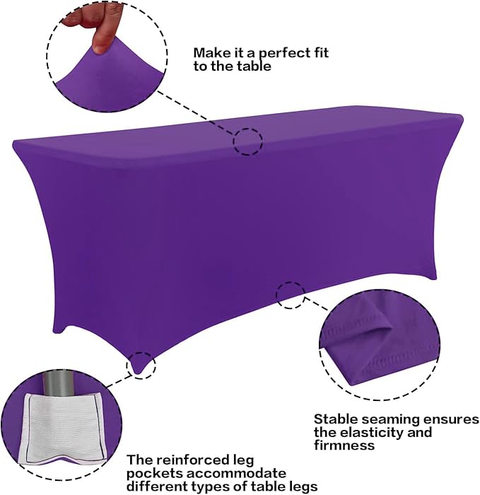 IVAPUPU 4FT Table Cloth for Rectangular Fitted Events Stretch Purple Table Covers Washable Cover Spandex Tablecloth Protector for Party, Wedding, Cocktail, Banquet, Festival