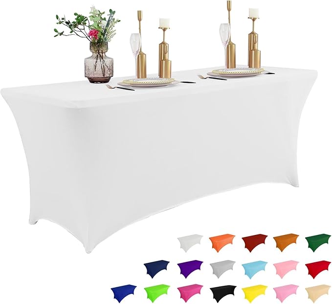 IVAPUPU 6FT Spring Table Cloth for Rectangular Fitted Events Stretch White Table Covers Washable Spandex Tablecloth Protector for Party, Wedding, Cocktail, Banquet, Festival