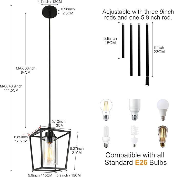 3 Pack Black Pendant Lights for Kitchen Island, 1-Light Farmhouse Metal Pendant Light Cage Kitchen Hanging Light Fixtures with Clear Glass Shade for Dining Room, Entryway, Hallway, Foyer