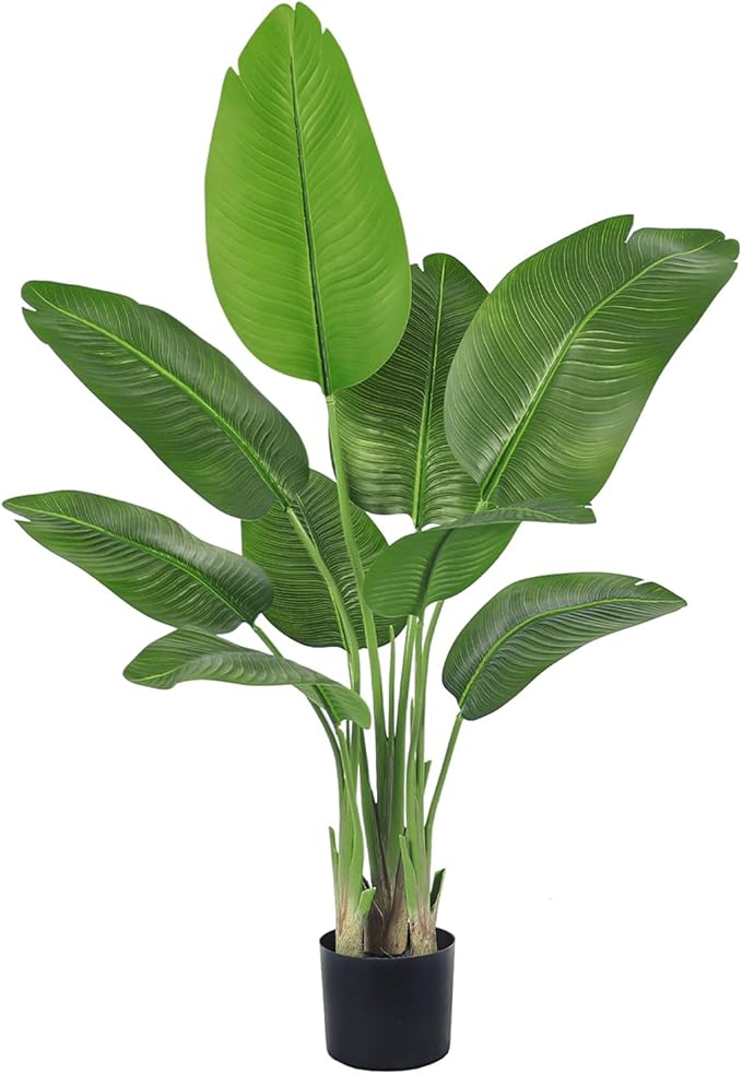 Lifelike Bird of Paradise Silk Artificial Plant Faux Banana Leaf Tree for Home Decor - Perfect Indoor Floor Plant with 9 Trunks (1, Black Planter, 4 FT)