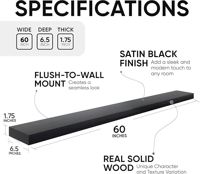 Homeforia Floating Black Shelf 60 inch, High End Solid Real Wood 60 inches Long Floating Shelves for Wall, Black Wooden 60inch Large Floating Shelves, Heavy Duty Bracket, 60 X 6.5 X 1.75 in, Set of 2