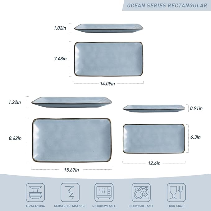 famiware Serving Platter, Rectangular 15.67/14.1/12.6inch Serving Dishes for Entertaining, Reactive Glaze, Stoneware Serving Trays for Party, Food, Turkey, Snack, Cheese, Ocean Series, Blue