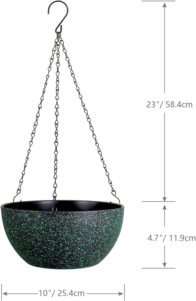 10inch Hanging Planters for Outdoor Indoor Plants with Drainage Holes and Chain, 2 Pack Round Hanging Flower Pots for Garden Home Porch Decor, Black with Green Speckles