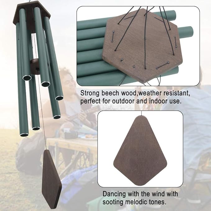 Wind Chimes Outdoor Large Deep Tone, 44 Inches Sympathy Wind Chimes Tuned Soothing Melody, Memorial Wind-Chime with 6 Heavy Tubes for Outside Decoration, Garden/Yard. Green