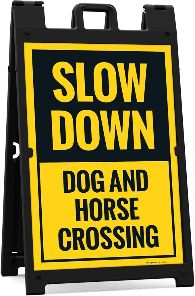 Slow Down Dog and Horse Crossing Sidewalk Sign Kit, 24x36 Inches, with A Frame Stand, Made in USA