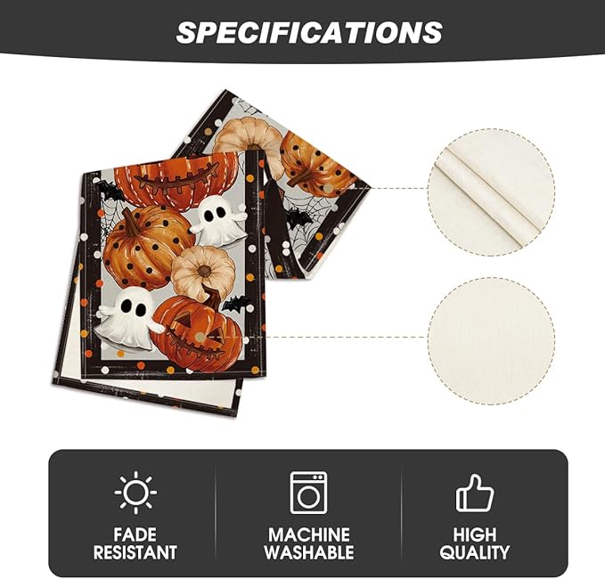 Artoid Mode Jack-O'-Lantern Pumpkin Ghost Spider Web Halloween Table Runner,Holiday Kitchen Dining Table Decoration for Home Party Decor 13 x 36 Inch
