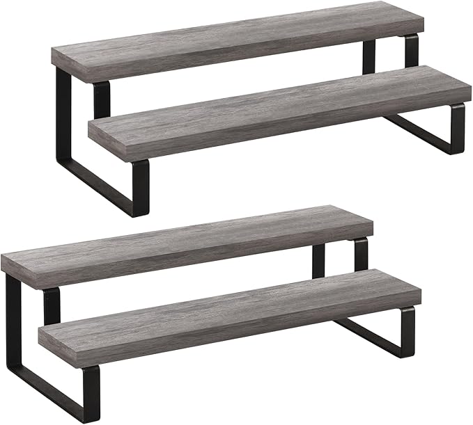 YINMIT Wooden Display Riser Stand, Tiered Perfume and Cologne Organizer Stand, 2 Tier Spice Rack Organizer, Rustic Display Shelf for Candles (2 Tier,2Pack,Grey)