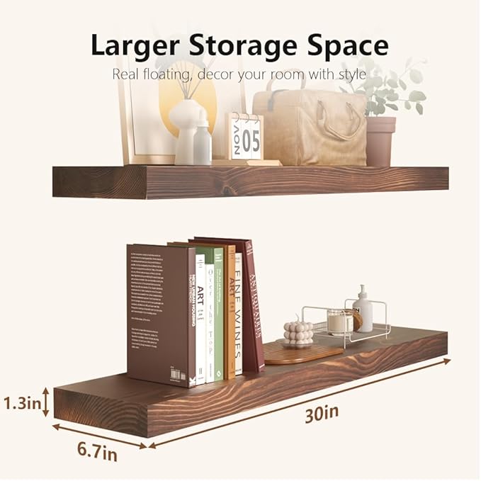 Habudda Floating Shelves Set of 2, Natural Pine Wood Shelf for Bathroom Bedroom Kitchen, 30 inch Long, Rustic Decor, Walnut