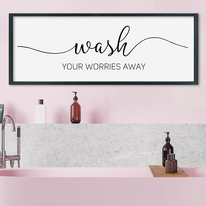 SRSZHIYUE Wash Your Worries Away Bathroom Sign Wall Art 32"×12" Funny Restroom Toilet Large Wood Framed Hanging Decor (Black)