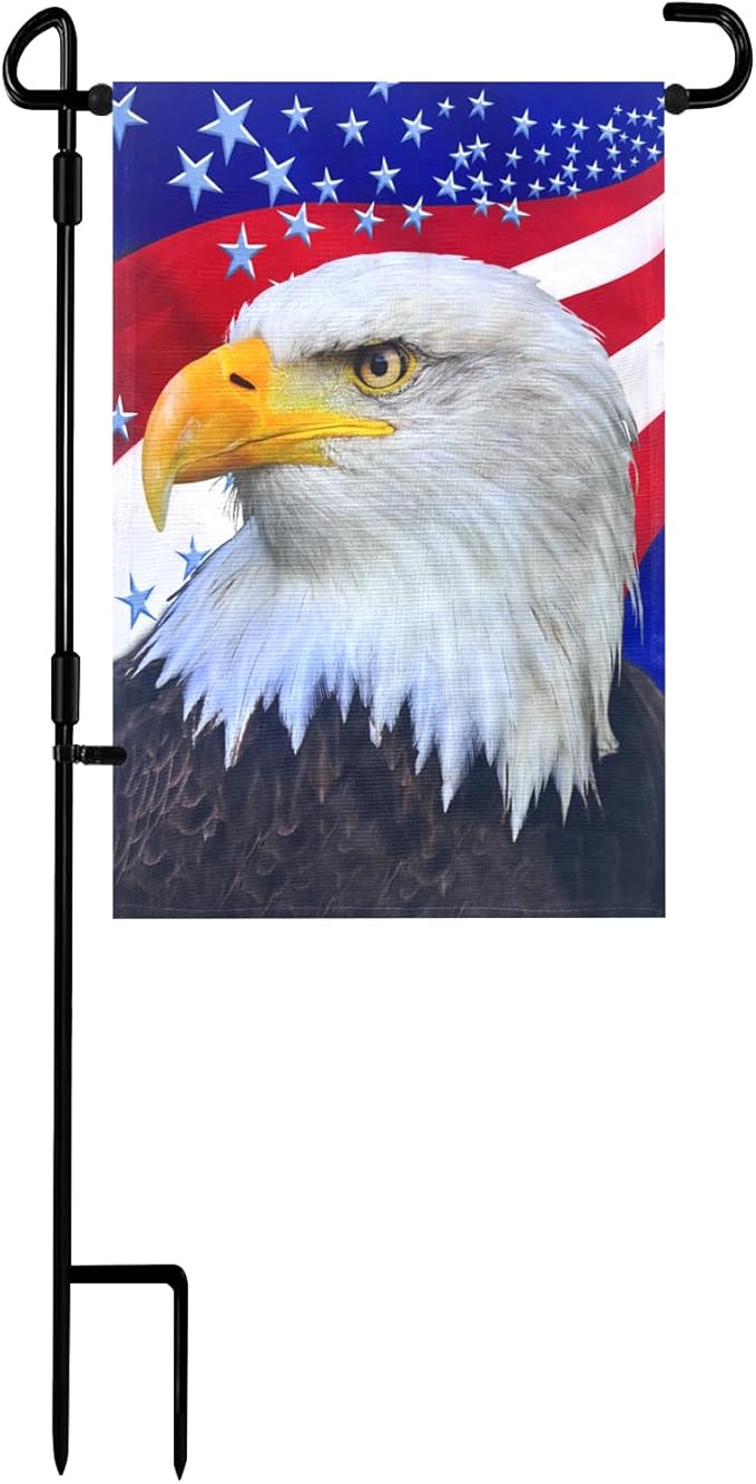 TOPFLAGS Garden Flag Stand with American Garden Flags Patriotic Stars and Eagle Yard Flag 12x18 Inch Holder Pole Stake Double Side for Outside with Clips and Stopper