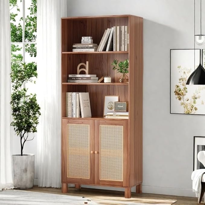 Tall Bookshelf, 5-Tier Book Shelf with 2 Rattan Doors, Freestanding Bookcase Display Shelves with Large Storage, Book Case for Living Room, Office, Study, Bedroom, 70.9 Inch