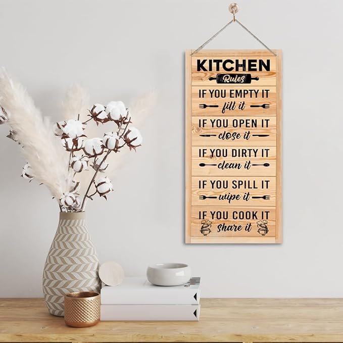Hanging Kitchen Rules Wooden Sign, Rustic Kitchen Decor, Printed Wall Art, Funny Farmhouse Wall Decor