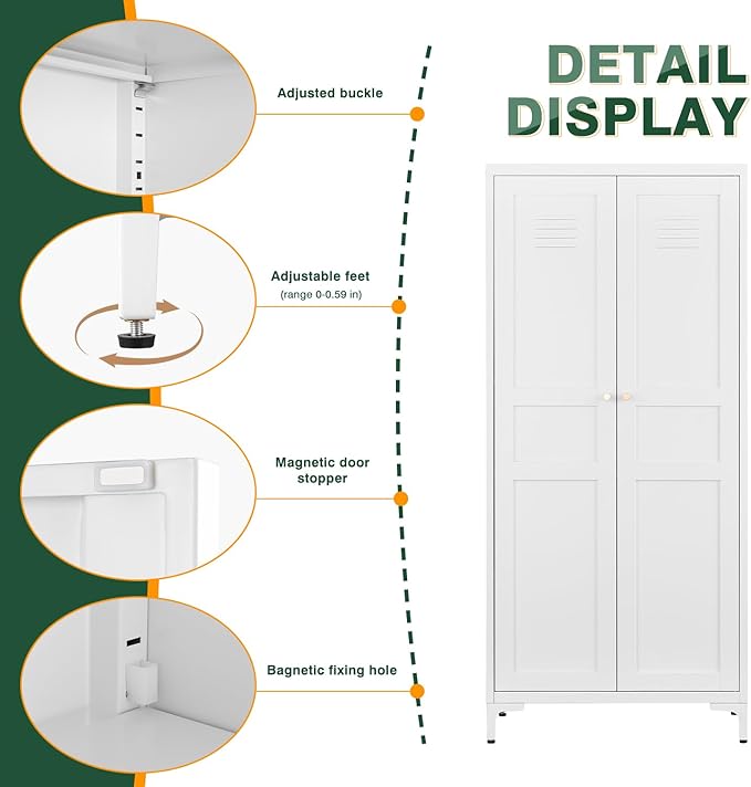 Letaya White Storage Cabinet with Feets-Metal Home Kitchen Pantry Cabinets with Doors and Adjustable Shelves,Organization Locker for Cupboard/Bedroom/Dining/Living/Bathroom/Office/Garage Room (White)