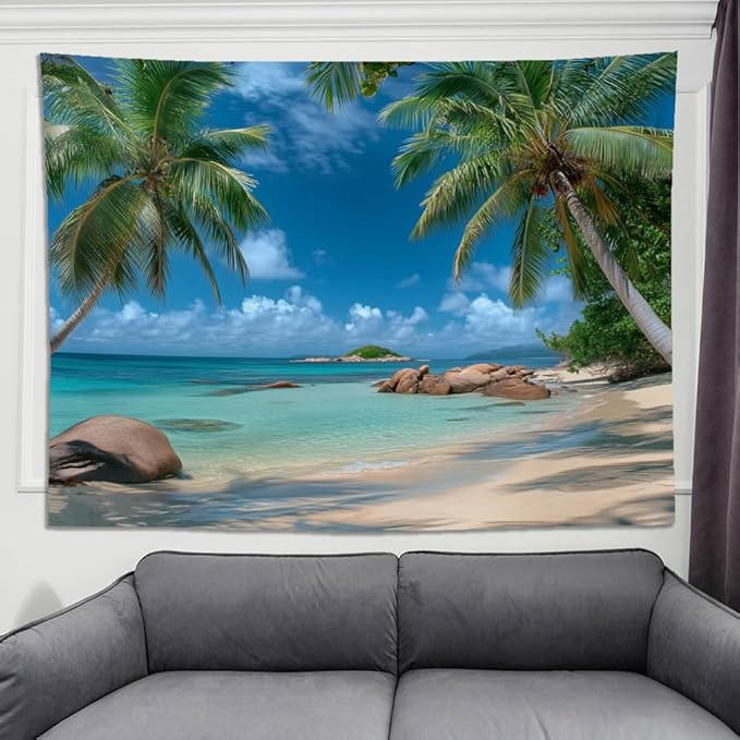 keowhsf Beach Summer Ocean Tapestry – Tropical Palm Trees Wall Hanging Decor with Blue Sky and Seaside Scenery, Nature Landscape Tapestry for Bedroom Living Room Dorm