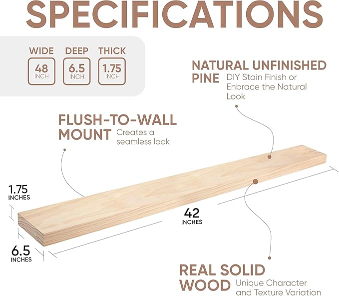 Homeforia 42 inch Wood Floating Shelf, High End Solid Natural Wood 42inch Large Floating Shelves for Wall Mounted, Unfinished Wooden Floating Shelves, Heavy Duty Bracket, 42 X 6.5 X 1.75 in, Set of 2
