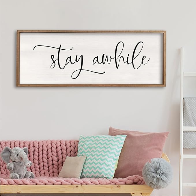 Stay Awhile Sign Wall Decor 32"X12" Large Living Room Entryway Wood Framed Rustic Wall Decor for Vintage Farmhouse Foyer Hanging Lets Stay Home Wall Art (Wood)