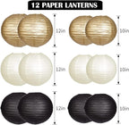 Paper Lanterns Decorative, Black Gold Hanging Round Chinese Lanterns with Lights for Graduation Anniversary Birthday Party 12 LED Light Pack of 12