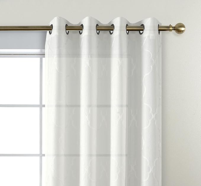 MIUCO Moroccan Embroidered Semi Sheer Curtains Faux Linen Grommet Curtains for Girls Room 52 x 84 Inch Set of 2, Off White