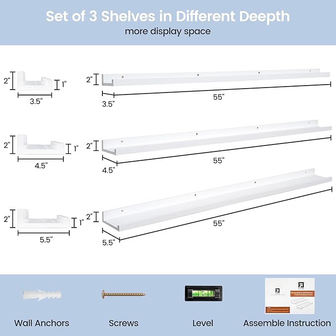 Picture Ledge Shelf for Wall, 56 inches Solid Pine Wood Nursery Book Shelves 3 Packs, Floating Ledge Shelves for Kids' Room Bedroom Bathroom Long Floating Shelves for Wall Nursey Wall Decor, White