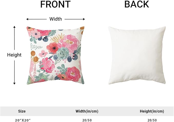 CXMEIFLY Spring Floral Pillow Covers 20 x 20 Inch Set of 2 for Watercolor Pink Flowers Decor Throw Pillows Green Leaves Plant Outdoor Decorative Cushion Cases with Zipper for Couch Bed Decorations