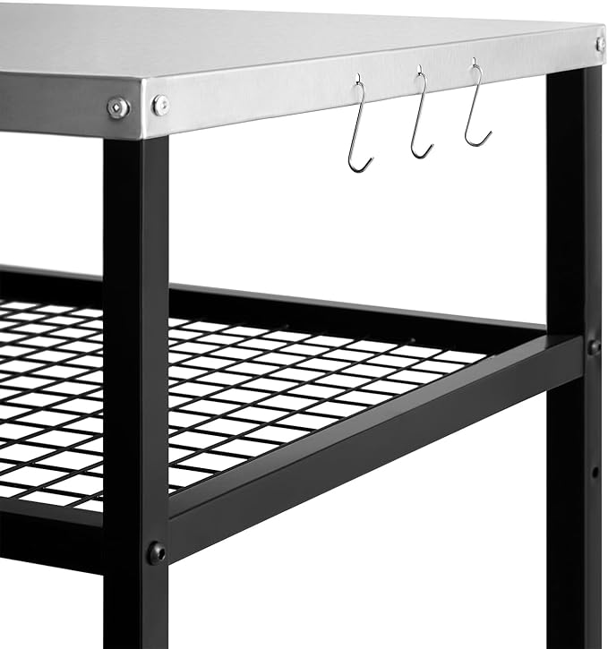 Stainless Steel Grill Cart with Cover Pizza Oven Stand with Water-Proof Cover Trolley Table with Wheels Three-Shelf Movable Food Prep and Work Cart Table Heavy Duty Grill Cart Outdoor 31.5"×24"×35.5"