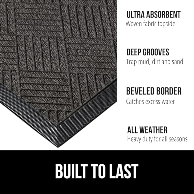GORILLA GRIP 100% Waterproof All-Season WeatherMax Doormat US Designed Natural Rubber, Stain and Fade Resistant, Low Profile Indoor Outdoor Door Mats, Easy Clean Patio Mat, 17x29, Gray Diamond