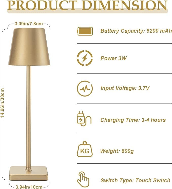 HASUN 2 Pack Rechargeable Table Lamp, LED Cordless Desk Lamp, 5200mAh Battery Operated Table Light, Aluminum Shell, 3 Color Stepless Dimming Up Waterproof for Coffee Table/Indoor/Outdoor (Gold)